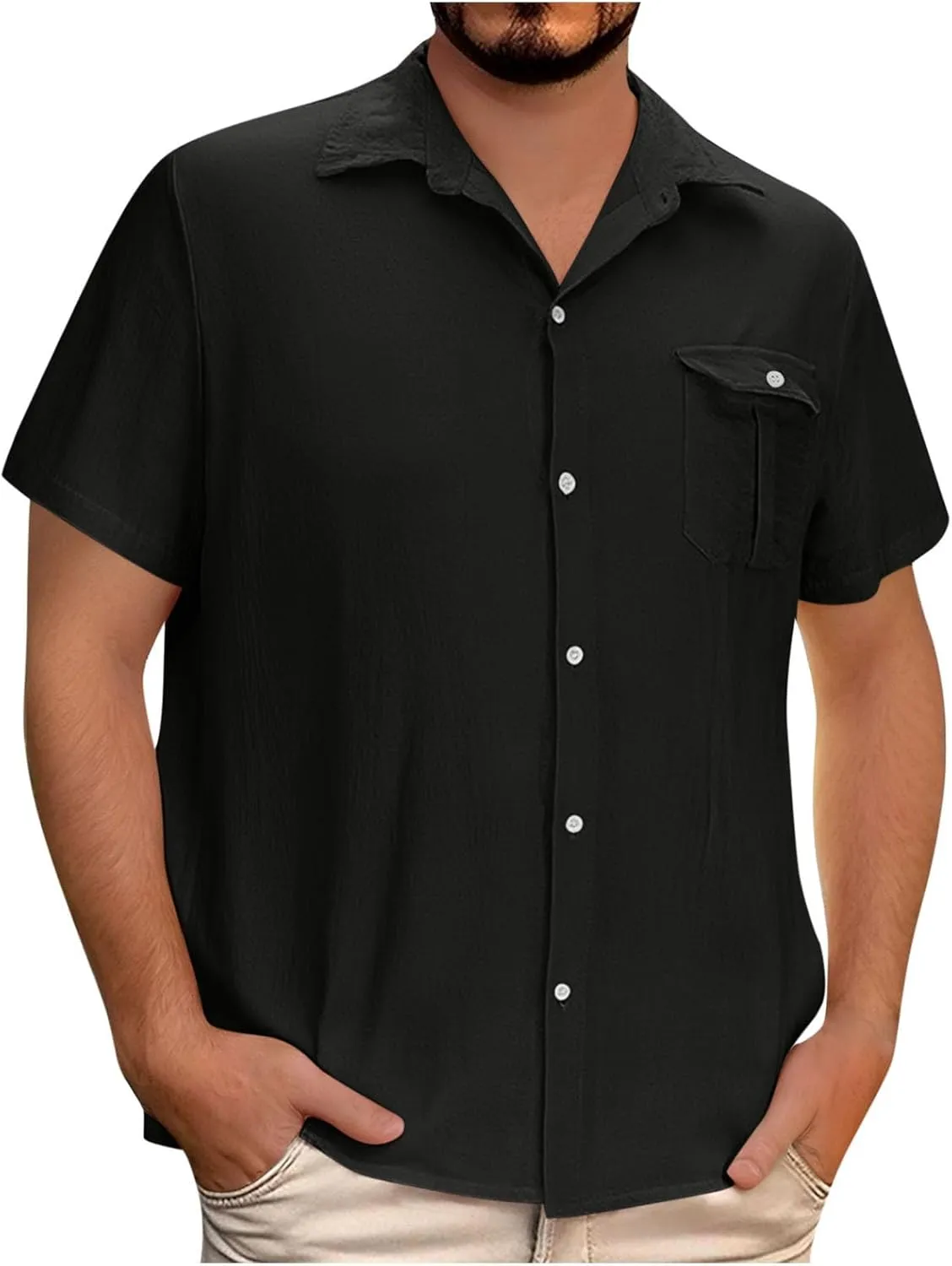 Linen Shirts for Men Mens Short Sleeve Button Down Shirts Collared Summer Beach T-Shirts Vacation Tops