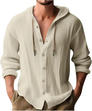 Linen Shirts for Men Solid Color Guayabera Shirts with Hooded Casual Long Sleeve Sweatshirts Button Down Beach Shirts