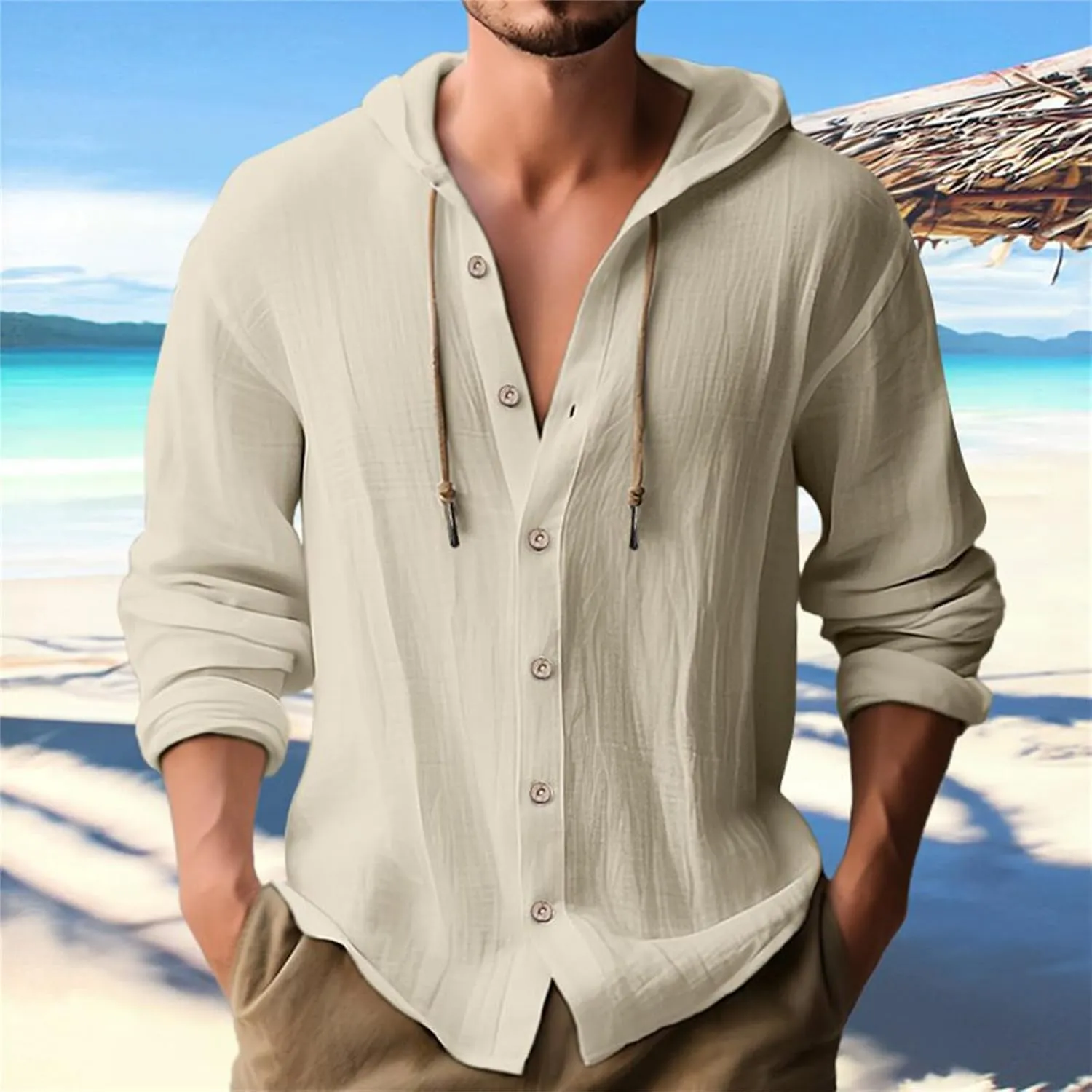 Linen Shirts for Men Solid Color Guayabera Shirts with Hooded Casual Long Sleeve Sweatshirts Button Down Beach Shirts