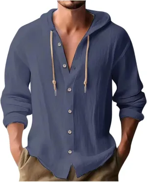 Linen Shirts for Men Solid Color Guayabera Shirts with Hooded Casual Long Sleeve Sweatshirts Button Down Beach Shirts