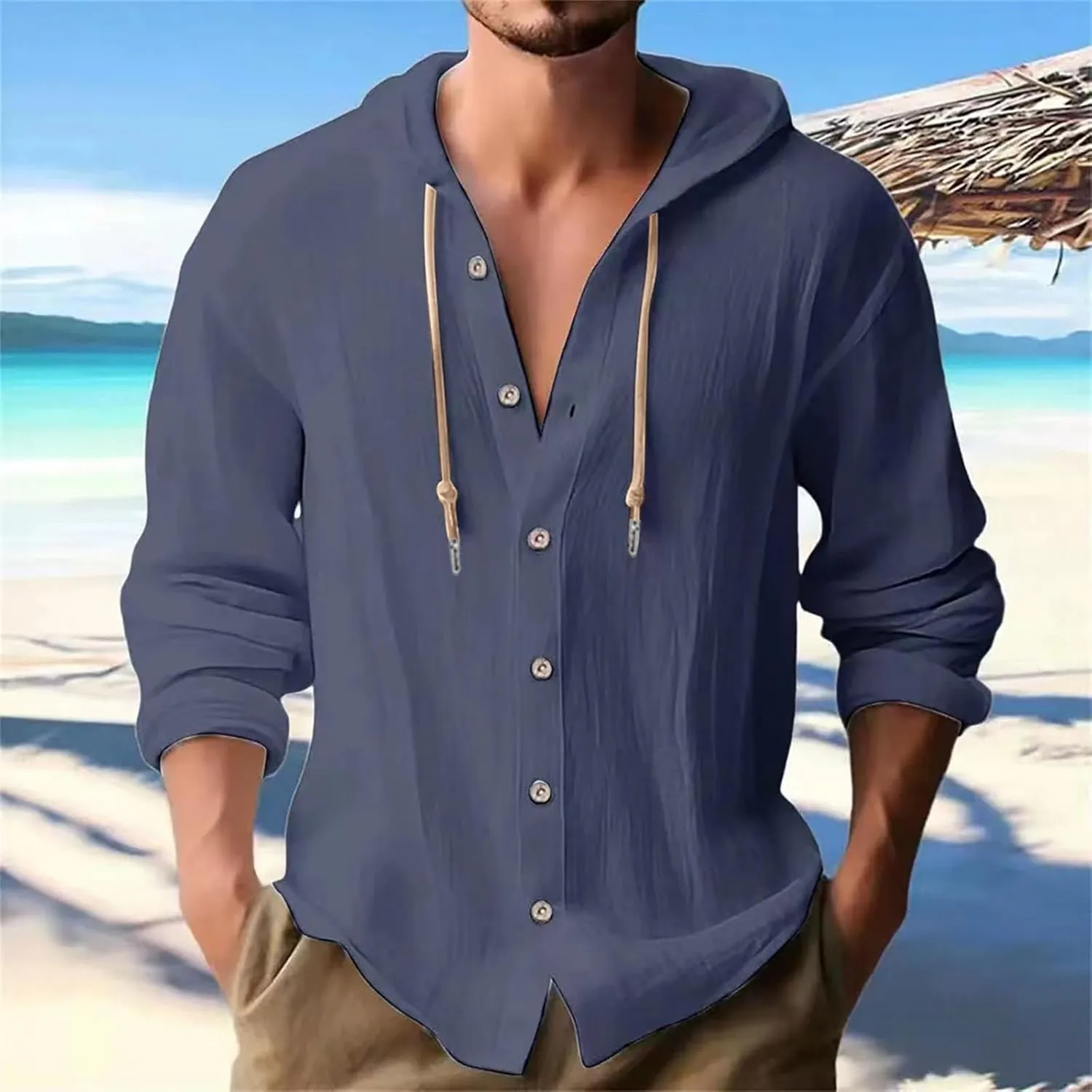 Linen Shirts for Men Solid Color Guayabera Shirts with Hooded Casual Long Sleeve Sweatshirts Button Down Beach Shirts