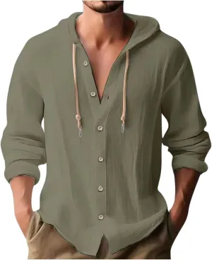 Linen Shirts for Men Solid Color Guayabera Shirts with Hooded Casual Long Sleeve Sweatshirts Button Down Beach Shirts
