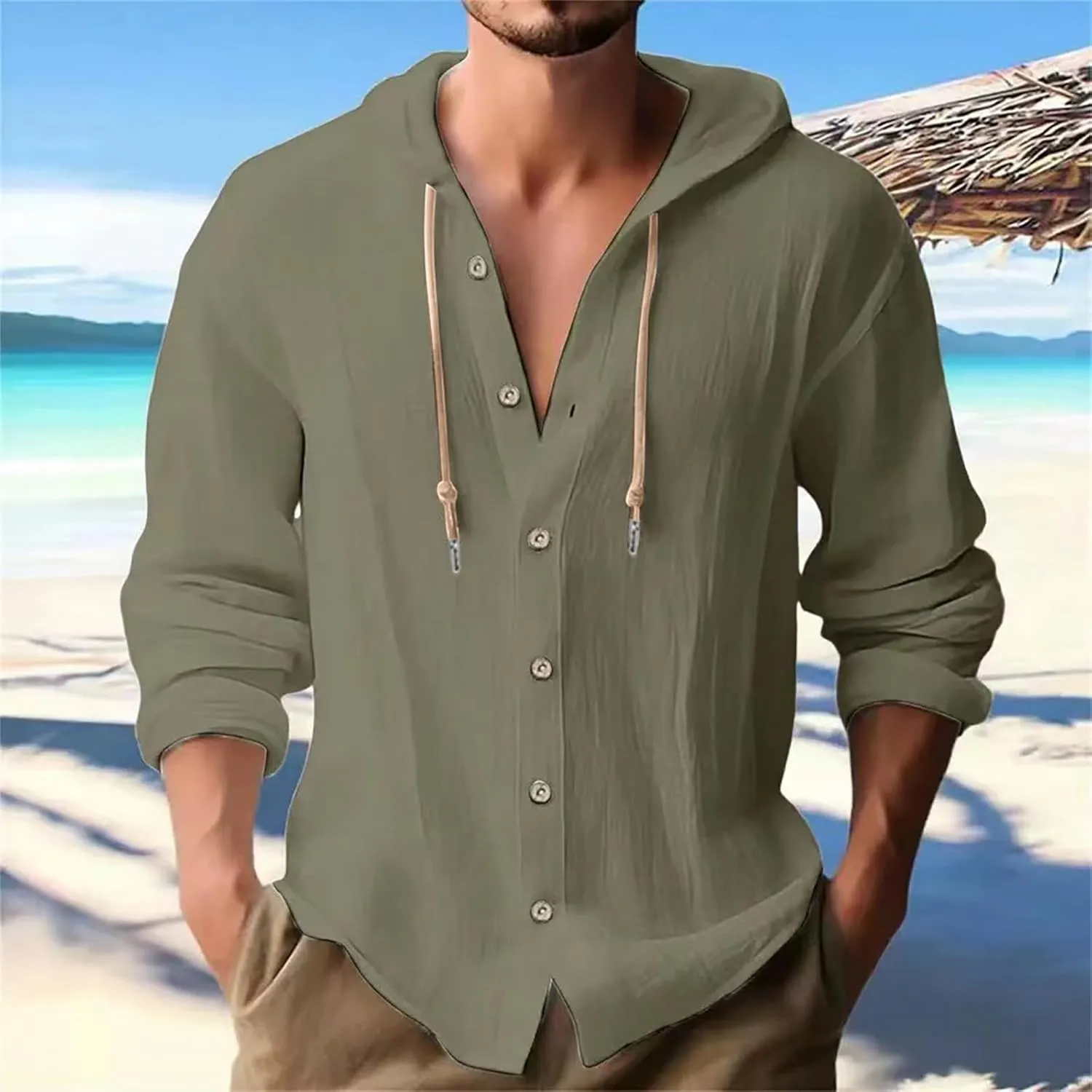 Linen Shirts for Men Solid Color Guayabera Shirts with Hooded Casual Long Sleeve Sweatshirts Button Down Beach Shirts