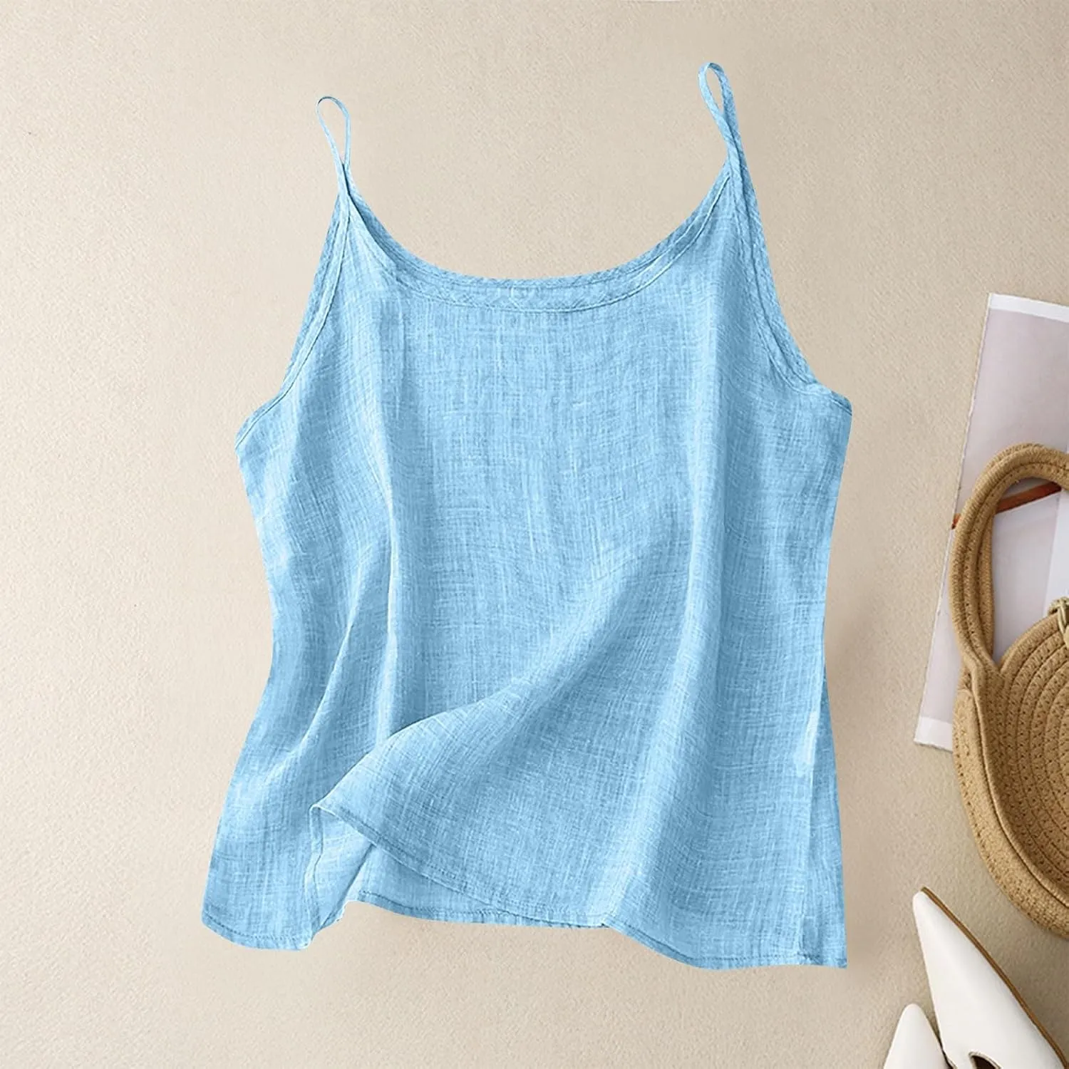 Linen Tank Top for Women Summer Spaghetti Strap Tank Tops Sleeveless Cotton Tshirt Loose Fit Camisole Tops 2025