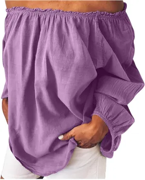 Lmdudan Women's Off The Shoulder Tops Shirred Neck Long Sleeve Flowy Cotton Linen Blouses Shirts 2025 Summer Beach Top Tees