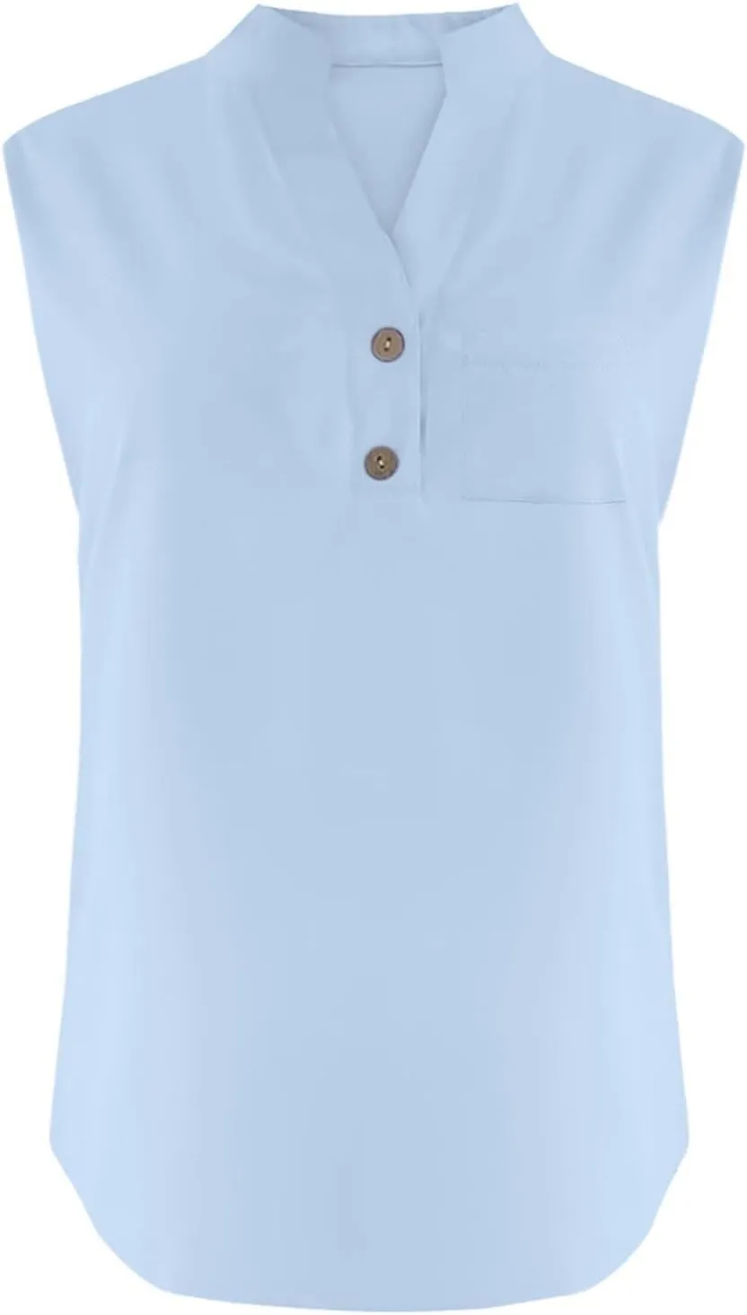 Loose Fit Linen Tank Tops for Women Sleeveless V-Neck Button Cami Shirts with Side Slits Beach Vacation Outfits​