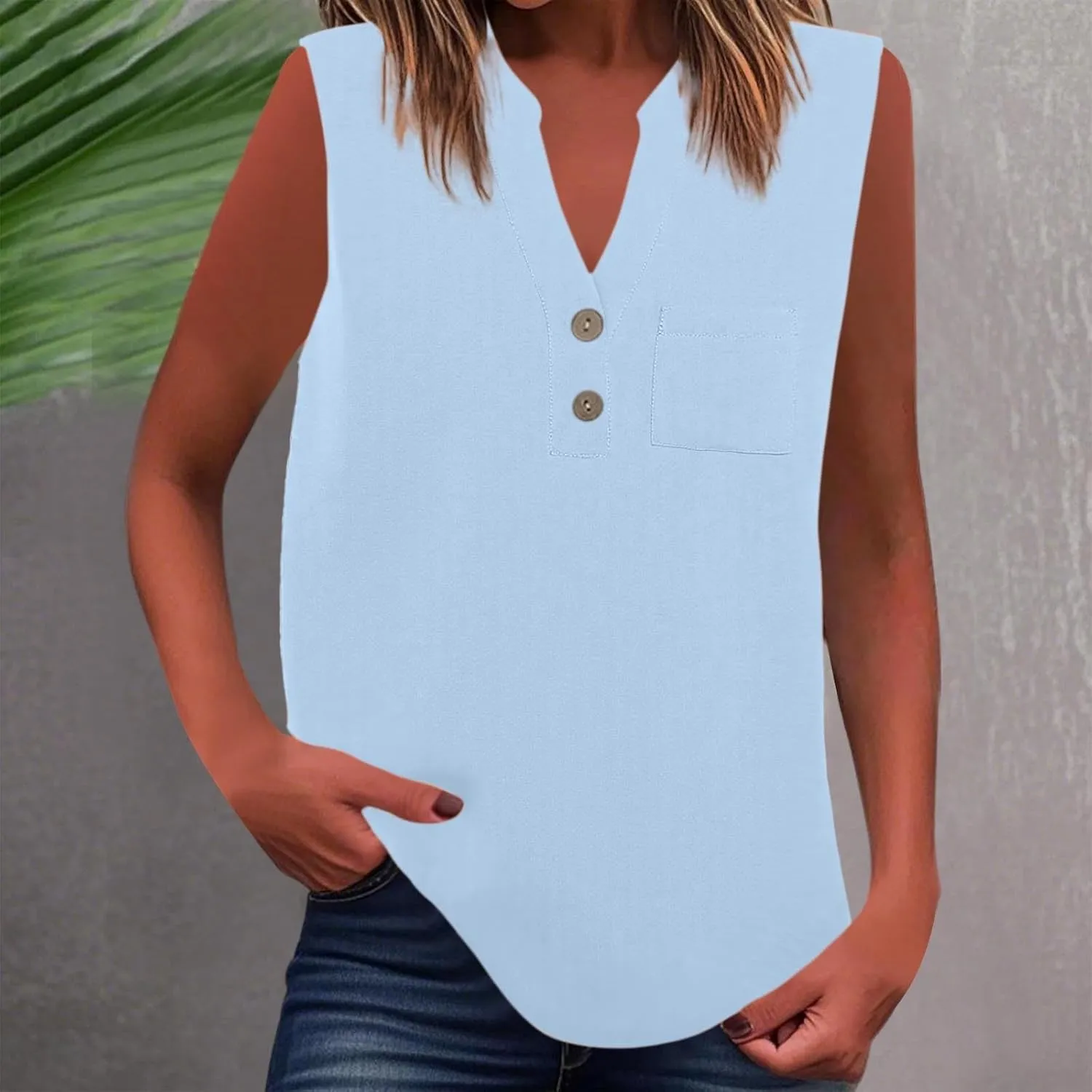Loose Fit Linen Tank Tops for Women Sleeveless V-Neck Button Cami Shirts with Side Slits Beach Vacation Outfits​