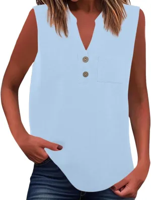 Loose Fit Linen Tank Tops for Women Sleeveless V-Neck Button Cami Shirts with Side Slits Beach Vacation Outfits​