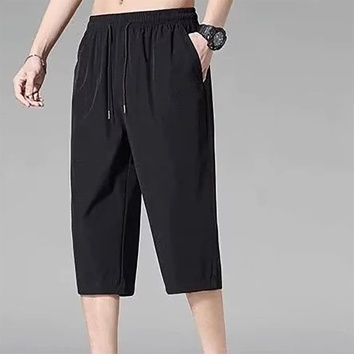 Men Casual Capris Pants Drawstring Elastic Waist Trousers Quick Dry Cropped Pant Workout Thin Sweatpants Gym Athletic Trouser