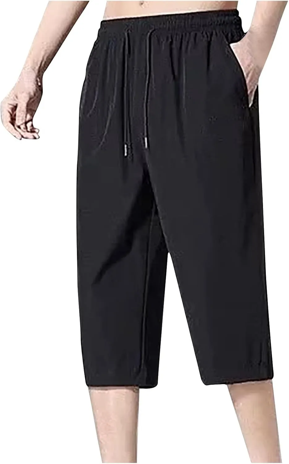 Men Casual Capris Pants Drawstring Elastic Waist Trousers Quick Dry Cropped Pant Workout Thin Sweatpants Gym Athletic Trouser