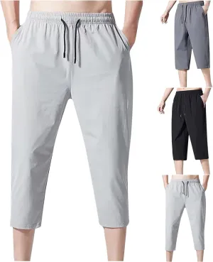 Men Casual Capris Pants Drawstring Elastic Waist Trousers Quick Dry Cropped Pant Workout Thin Sweatpants Gym Athletic Trouser