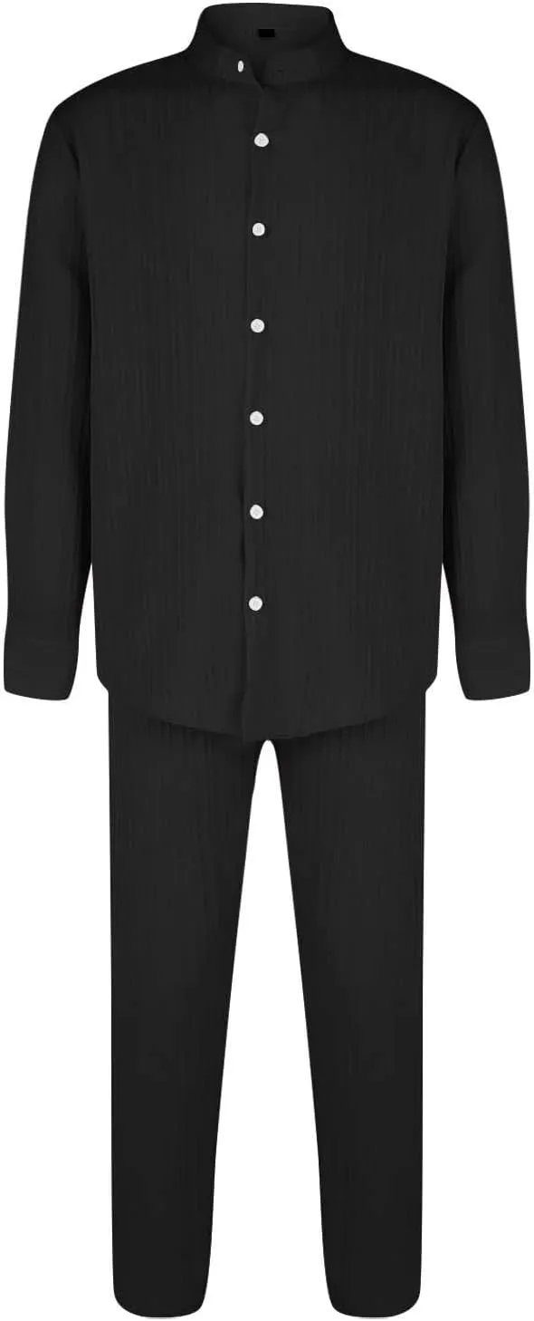 Men Casual Outfits Long Sleeve Button Shirt & Pull On Tapered Trousers Set Spring and Summer Lightweight Solid Versatile Suit