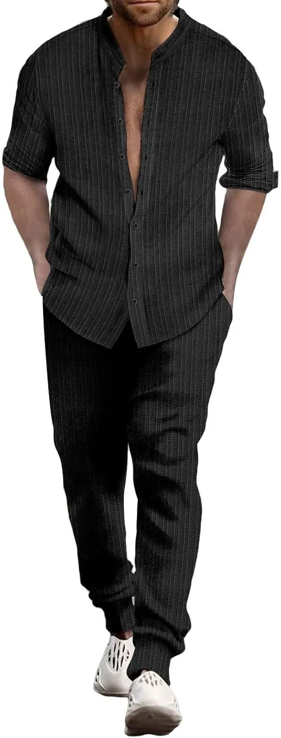 Men Casual Outfits Long Sleeve Button Shirt & Pull On Tapered Trousers Set Spring and Summer Lightweight Solid Versatile Suit