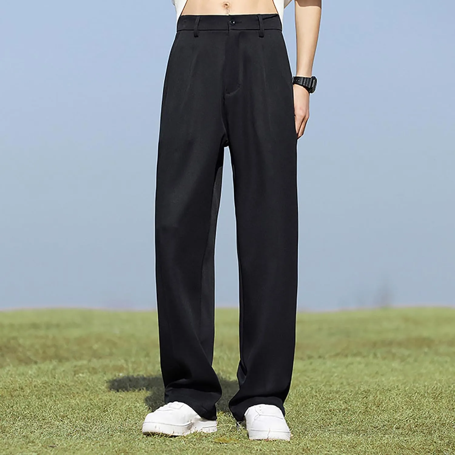 Men Wide Leg Dress Pants Pleated Front Trousers Straight Leg Formal Pants Comfort Fit Office Trouser Casual Workwear
