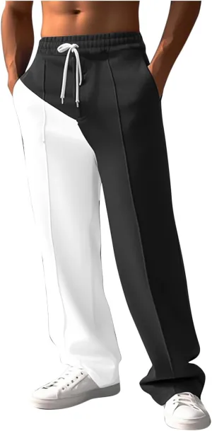 Mens Baggy Sweatpants Color Match Elastic Waist Drawstring Straight Leg Pants Casual Fashion Sports Trousers