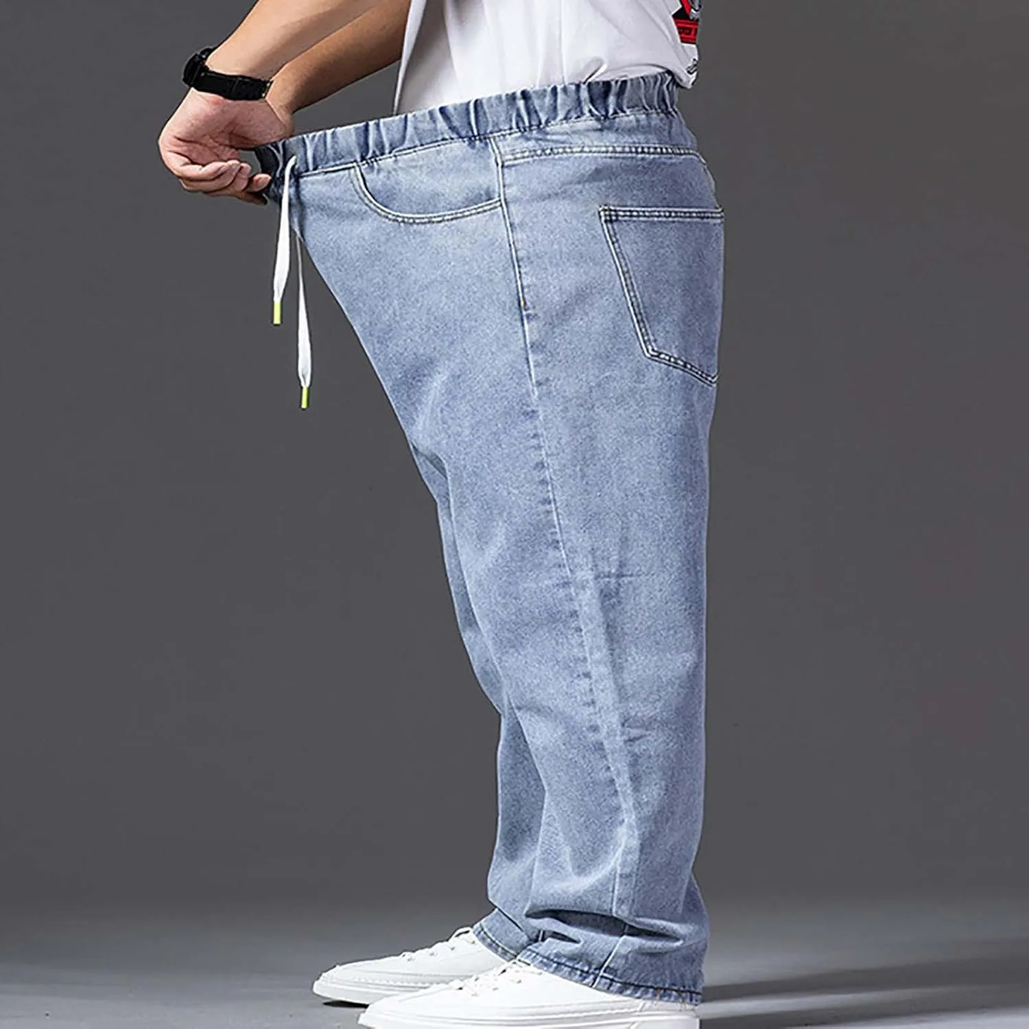 Mens Basic Jeans Boys Wide Leg Work Jeans Elastic Waist Denim Pants Casual Stretch Straight Leg Classic Denim Trouser