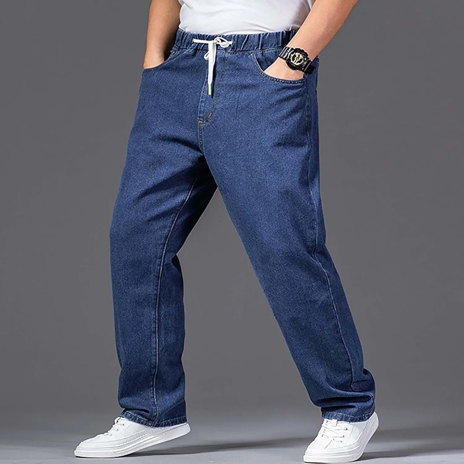 Mens Basic Jeans Boys Wide Leg Work Jeans Elastic Waist Denim Pants Casual Stretch Straight Leg Classic Denim Trouser