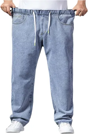 Mens Basic Jeans Boys Wide Leg Work Jeans Elastic Waist Denim Pants Casual Stretch Straight Leg Classic Denim Trouser