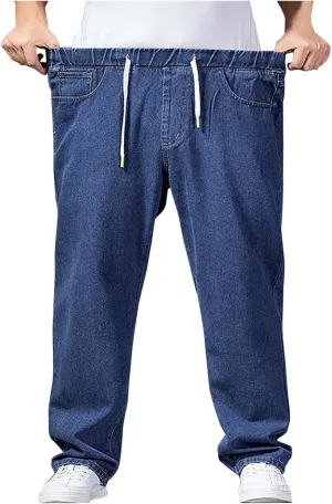 Mens Basic Jeans Boys Wide Leg Work Jeans Elastic Waist Denim Pants Casual Stretch Straight Leg Classic Denim Trouser