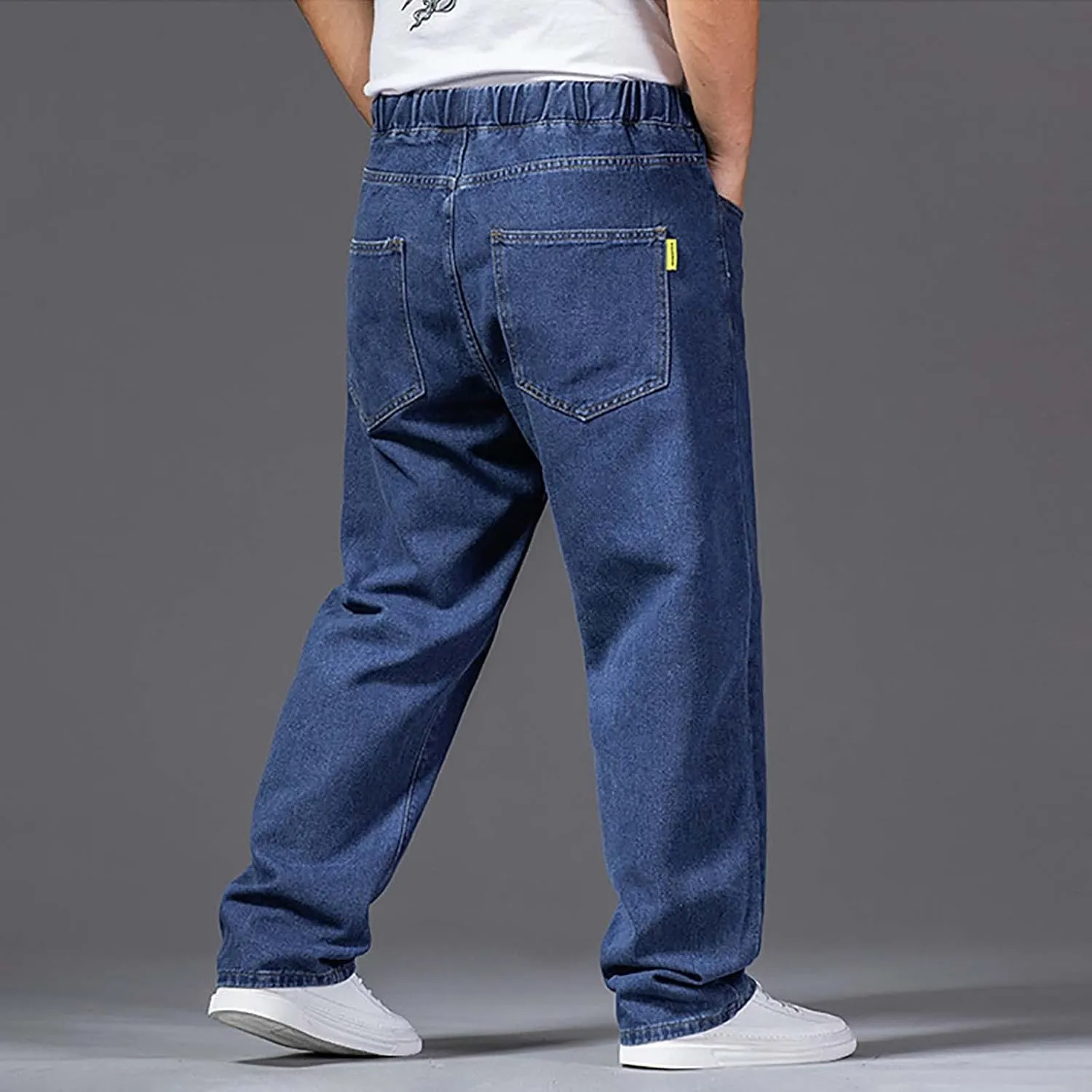 Mens Basic Jeans Boys Wide Leg Work Jeans Elastic Waist Denim Pants Casual Stretch Straight Leg Classic Denim Trouser