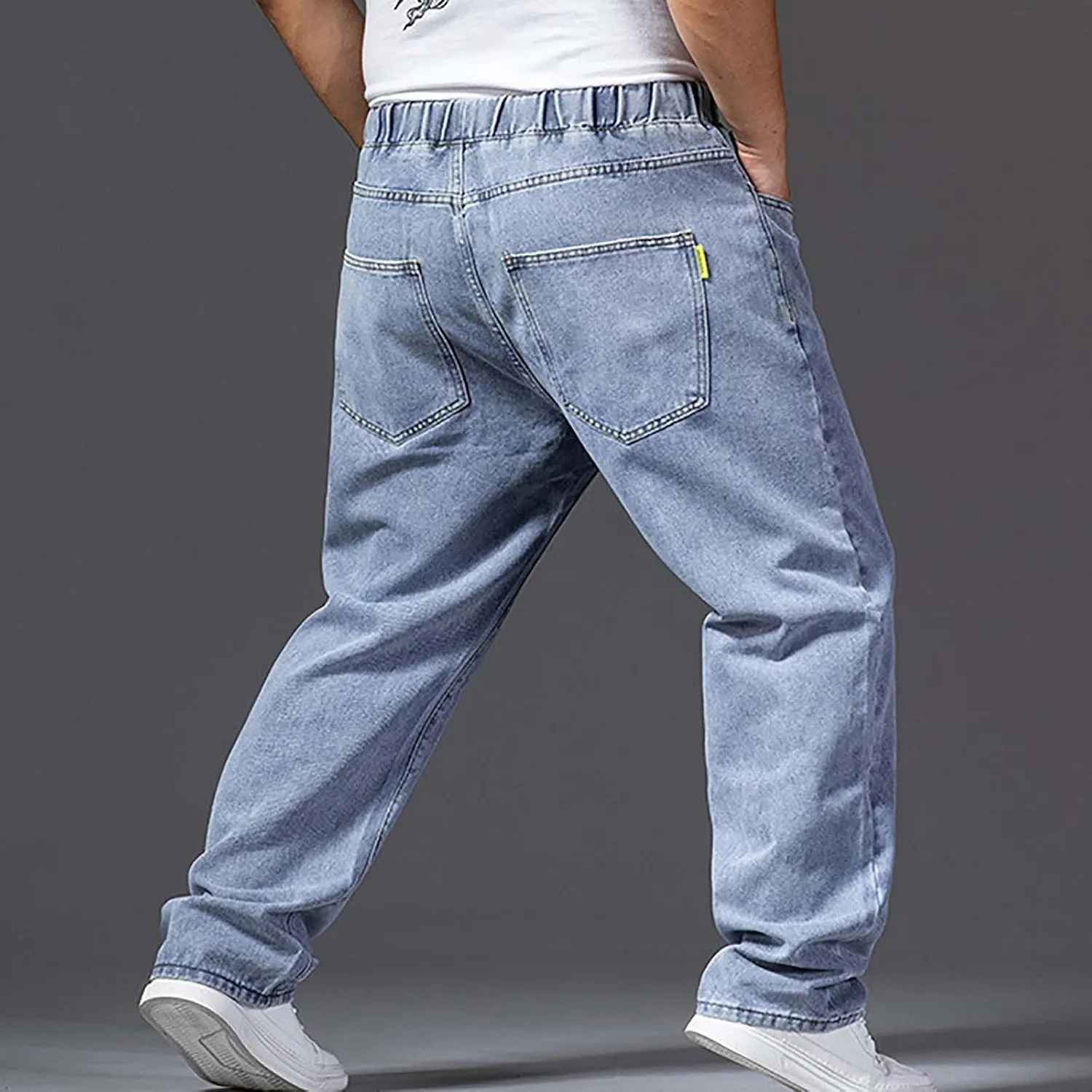 Mens Basic Jeans Boys Wide Leg Work Jeans Elastic Waist Denim Pants Casual Stretch Straight Leg Classic Denim Trouser