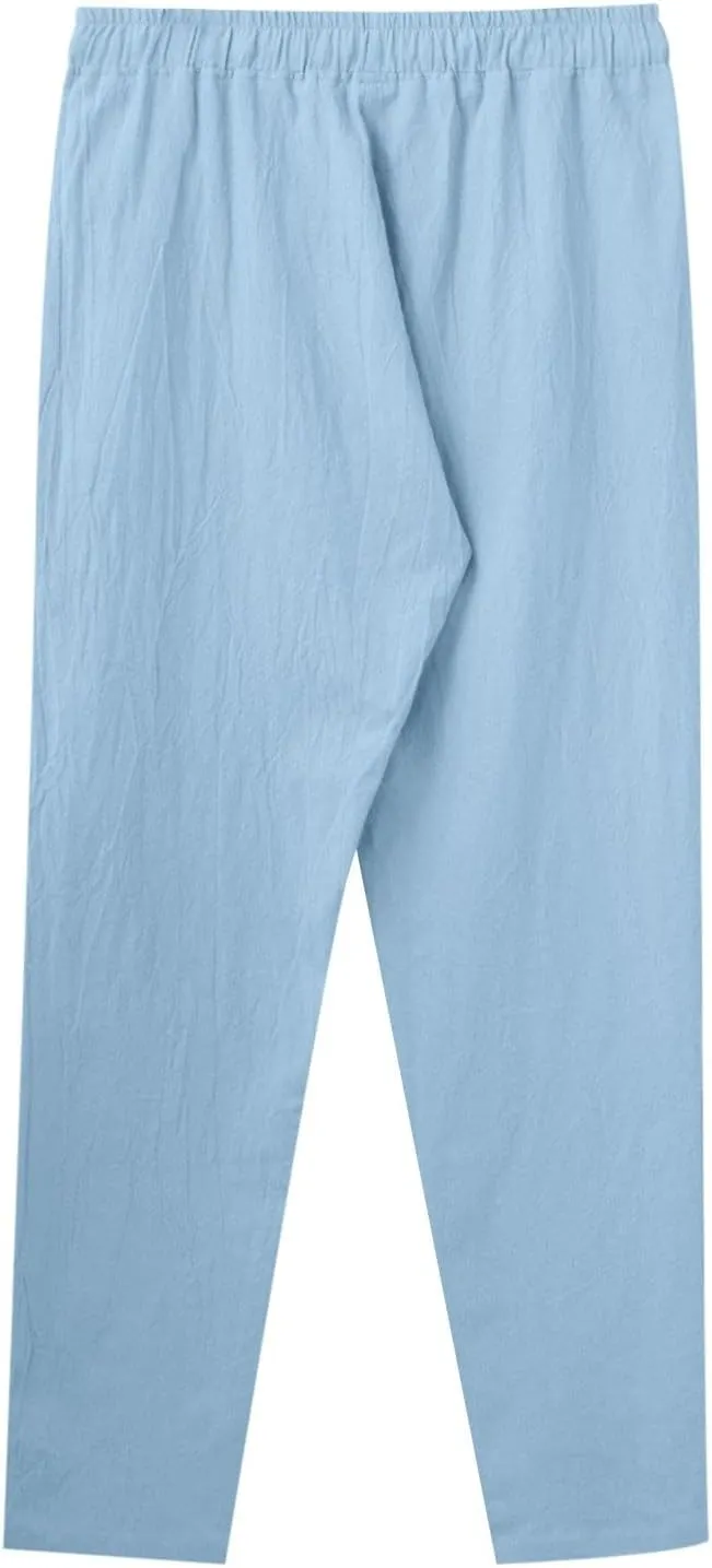 Men's Casual Linen Pants Loose Fit Elastic Drawstring Waist Straight Legs Summer Yoga Beach Long Pants 2024