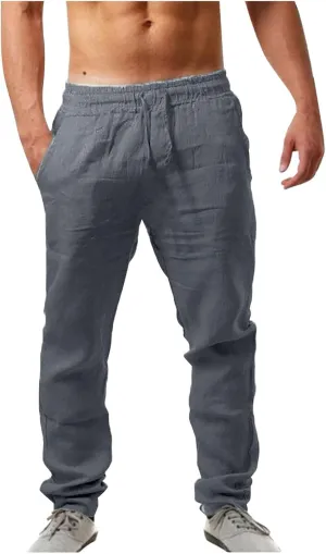 Men's Casual Linen Pants Loose Fit Elastic Drawstring Waist Straight Legs Summer Yoga Beach Long Pants 2024