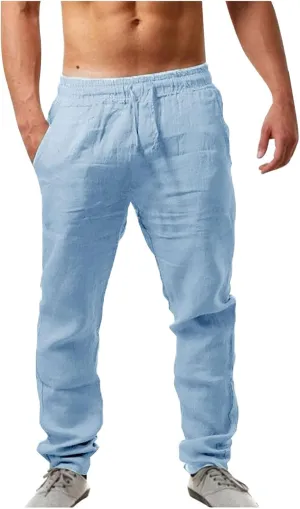 Men's Casual Linen Pants Loose Fit Elastic Drawstring Waist Straight Legs Summer Yoga Beach Long Pants 2024