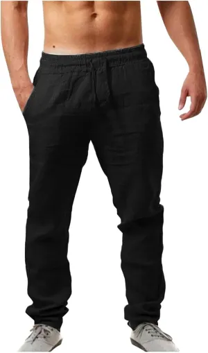 Men's Casual Linen Pants Loose Fit Elastic Drawstring Waist Straight Legs Summer Yoga Beach Long Pants 2024