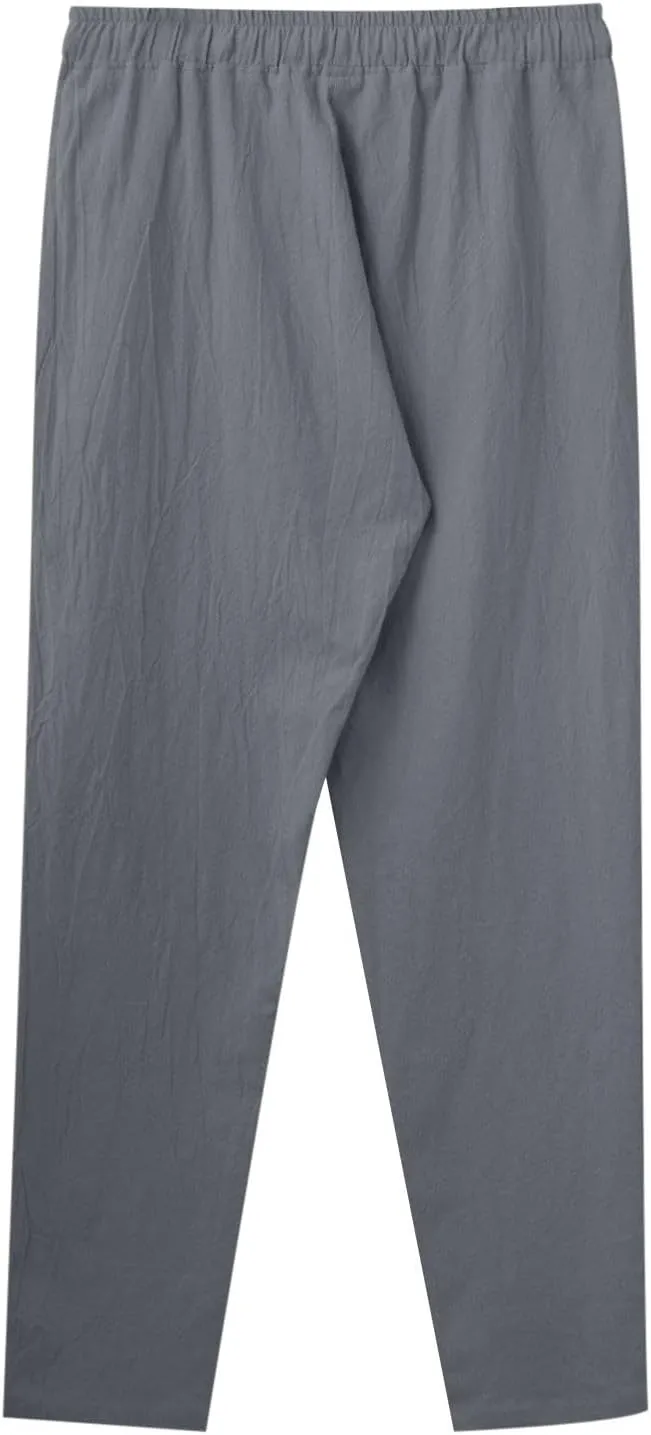 Men's Casual Linen Pants Loose Fit Elastic Drawstring Waist Straight Legs Summer Yoga Beach Long Pants 2024