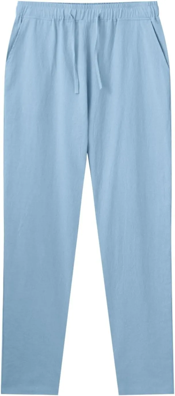 Men's Casual Linen Pants Loose Fit Elastic Drawstring Waist Straight Legs Summer Yoga Beach Long Pants 2024