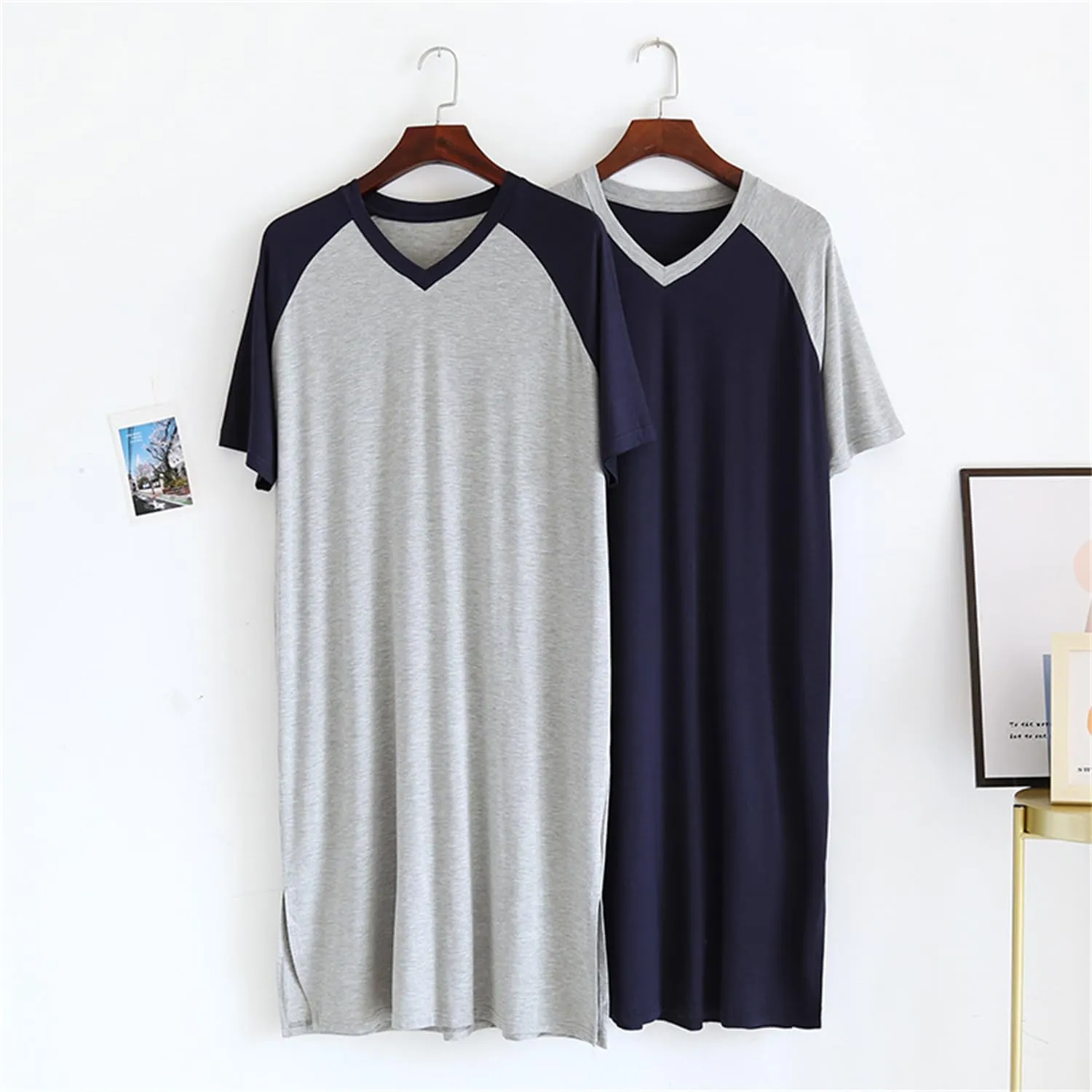 Men's Comfy V Neck Nightshirt Pajamas Big & Tall Cotton Nightwear Short Sleeve Soft Loose Pajama Sleep Shirt