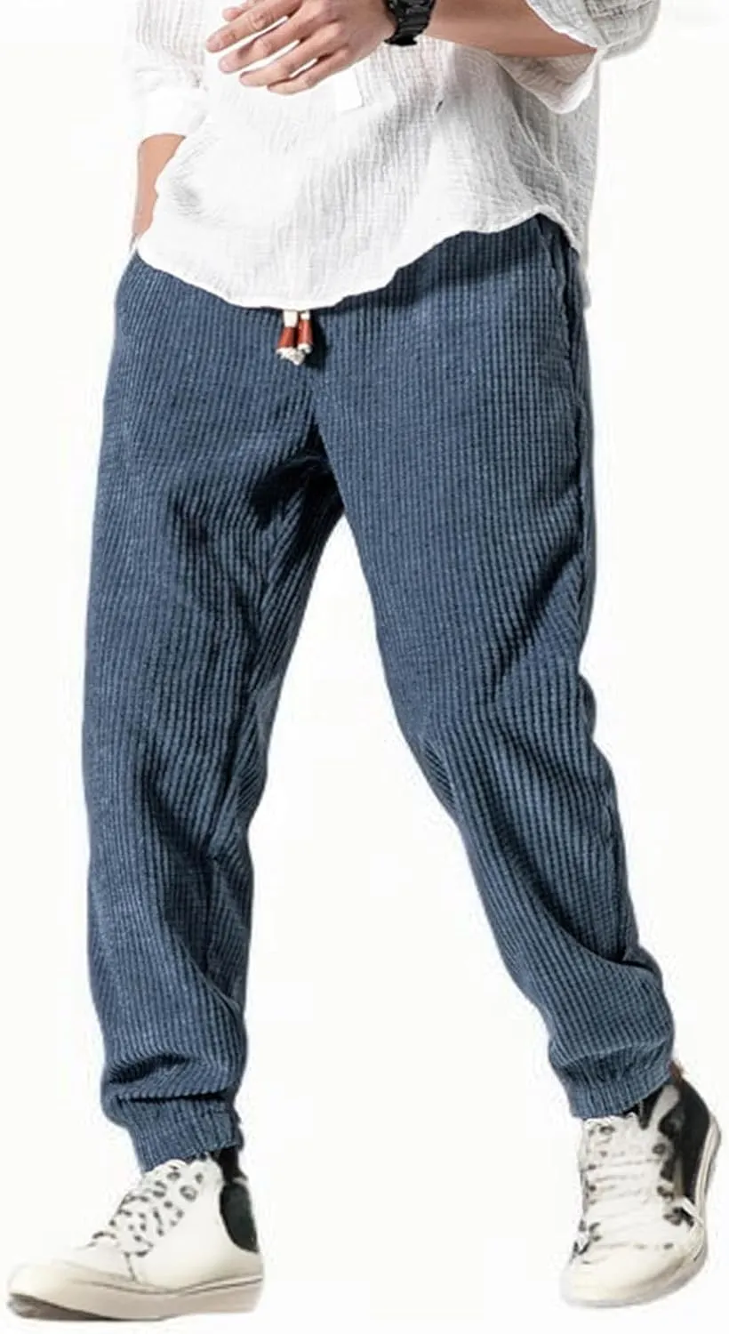 Mens Corduroy Cargo Pants Casual Joggers Tapered Trousers Drawstring Elastic Waist Sweatpants for Men Cotton Baggy Pant