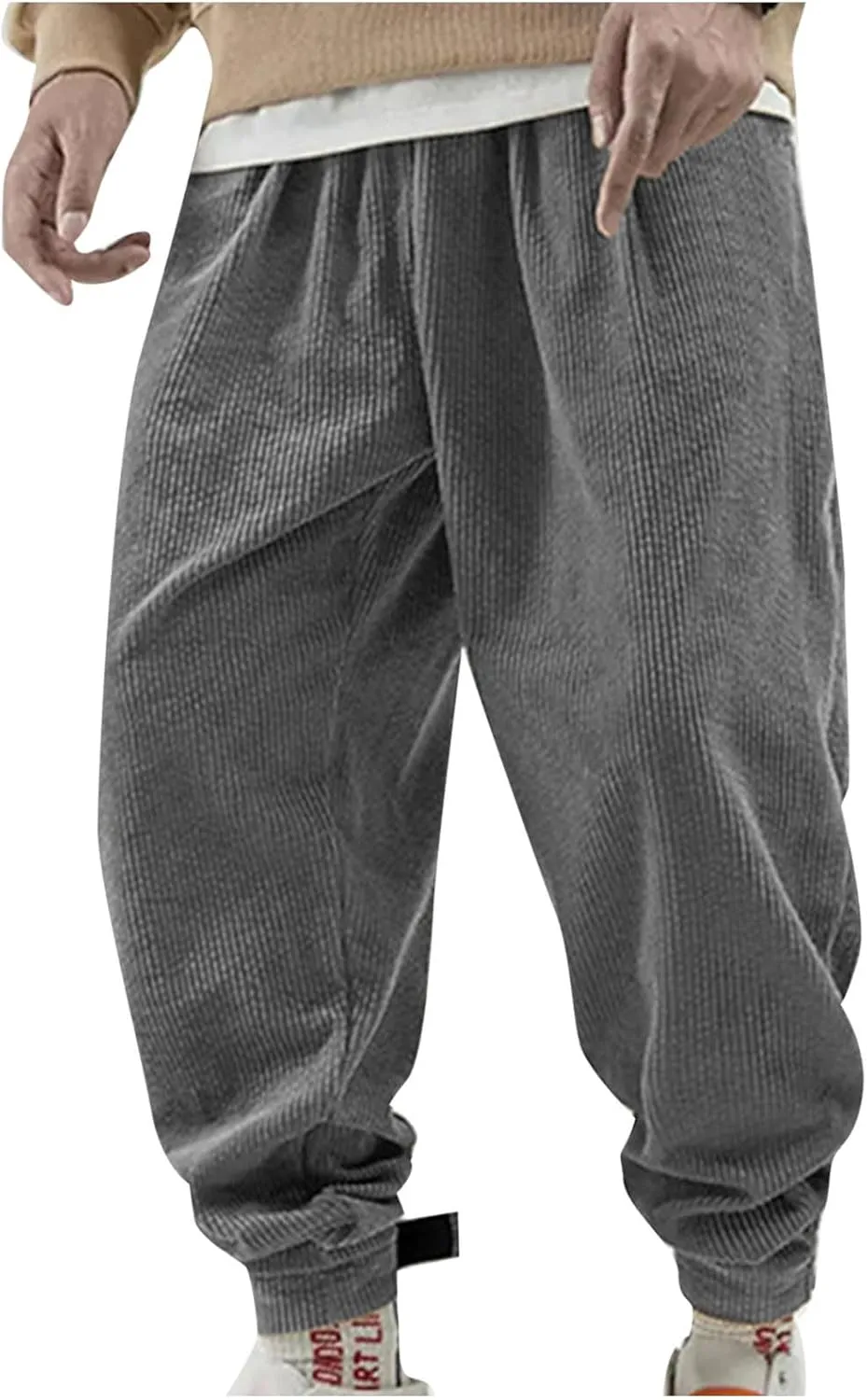 Mens Corduroy Casual Pants Elastic Waist Tapered Trousers Drawstring Sweatpants Baggy Tracksuit Bottoms Lightweight