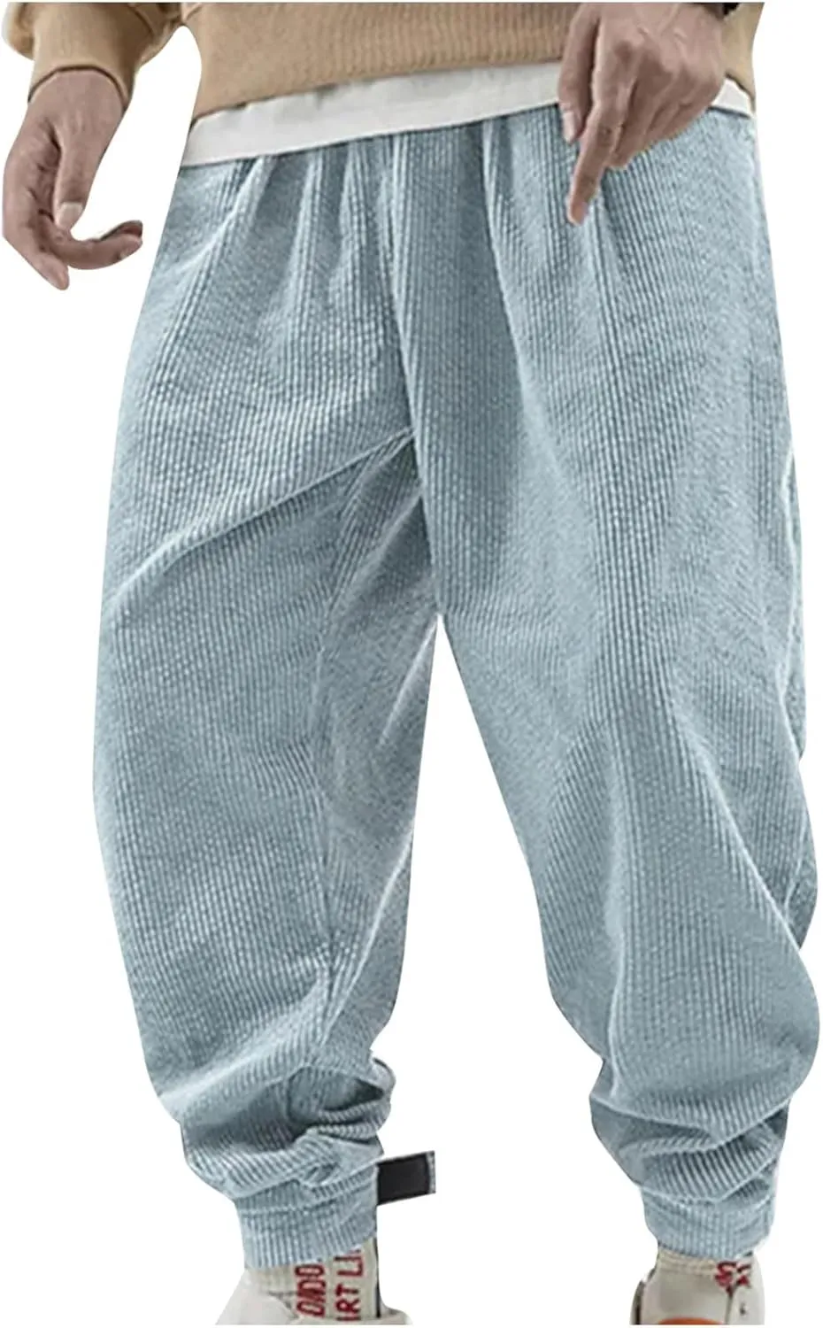 Mens Corduroy Casual Pants Elastic Waist Tapered Trousers Drawstring Sweatpants Baggy Tracksuit Bottoms Lightweight