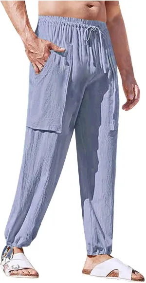 Mens Cotton Linen Drawstring Pants Elastic Waist Casual Jogger Yoga Pants Solid Lightweight Spring Summer Trousers