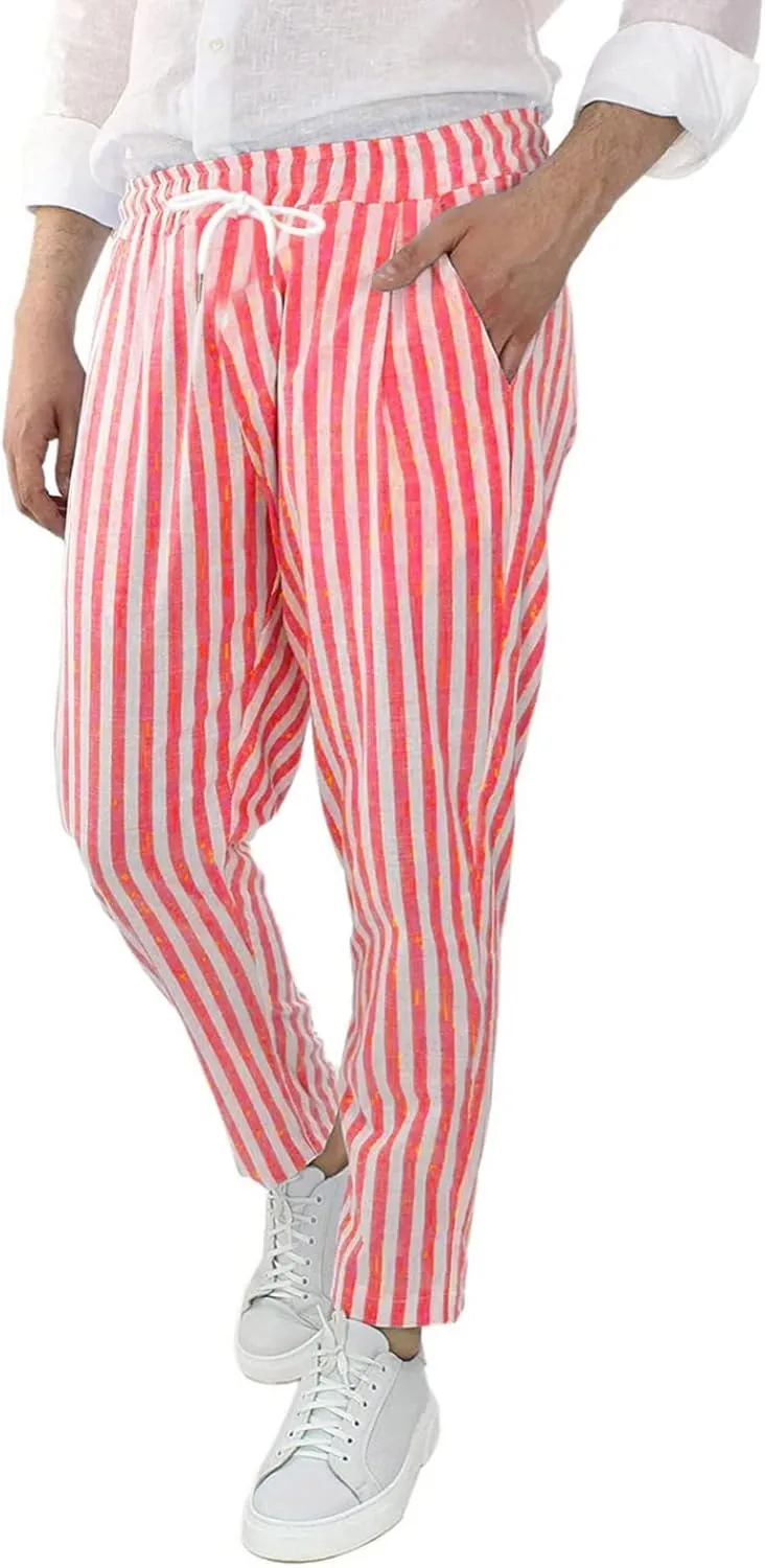 Mens Cotton Linen Striped Pants Casual Elastic Waist Slim Fit Straight Leg Beach Hippie Yoga Drawstring Comfy Trousers