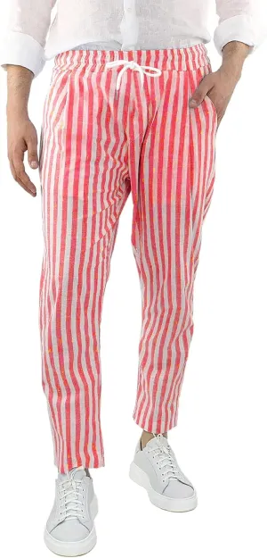 Mens Cotton Linen Striped Pants Casual Elastic Waist Slim Fit Straight Leg Beach Hippie Yoga Drawstring Comfy Trousers