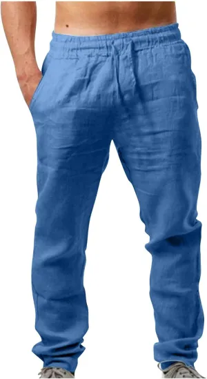 Men's Cotton Linen Trousers Casual Elastic Waist Pants Yoga Pants Straight Leg Sweatpant Drawstring Pants Quick Dry
