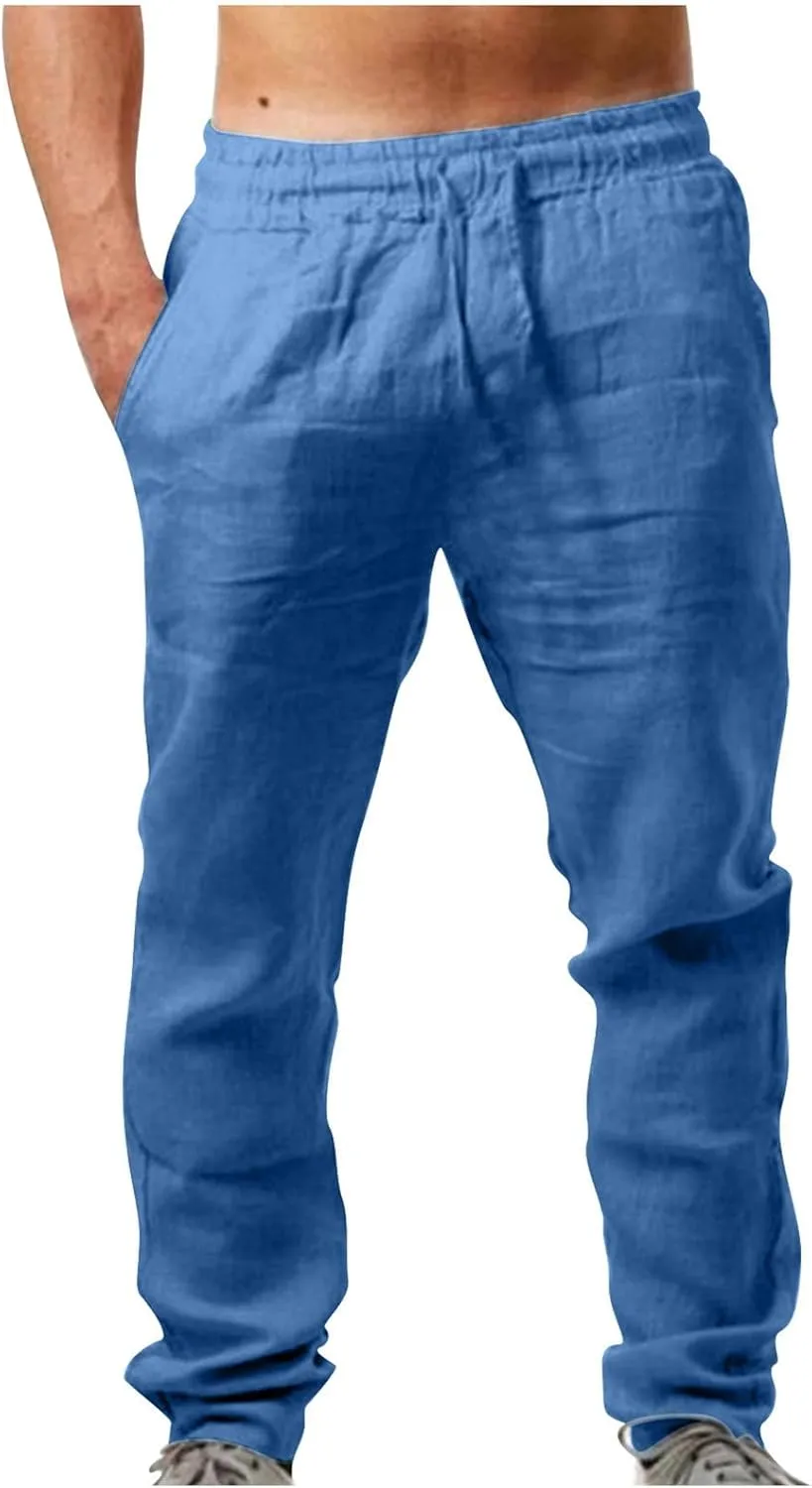 Men's Cotton Linen Trousers Casual Elastic Waist Pants Yoga Pants Straight Leg Sweatpant Drawstring Pants Quick Dry
