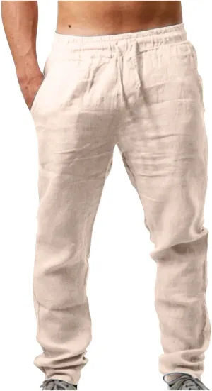 Men's Cotton Linen Trousers Casual Elastic Waist Pants Yoga Pants Straight Leg Sweatpant Drawstring Pants Quick Dry