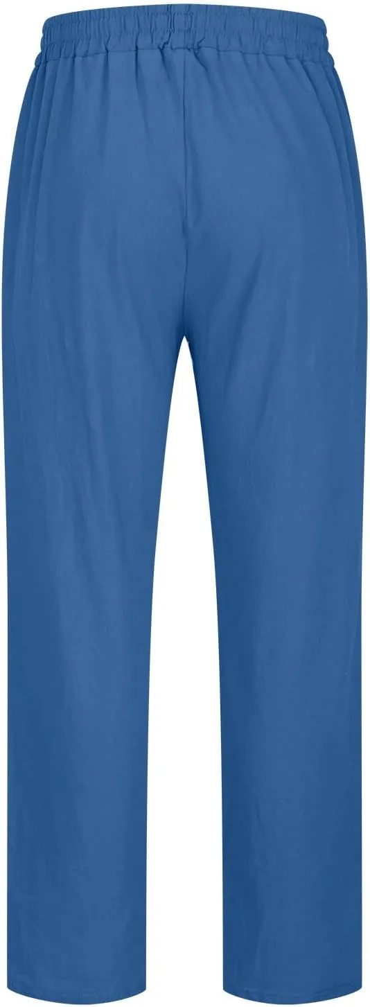 Men's Cotton Linen Trousers Casual Elastic Waist Pants Yoga Pants Straight Leg Sweatpant Drawstring Pants Quick Dry