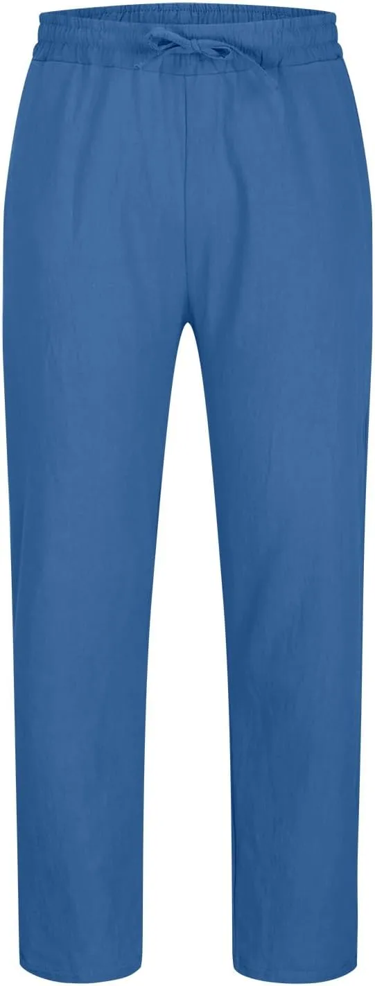 Men's Cotton Linen Trousers Casual Elastic Waist Pants Yoga Pants Straight Leg Sweatpant Drawstring Pants Quick Dry