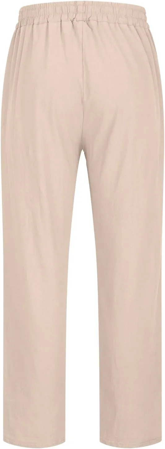 Men's Cotton Linen Trousers Casual Elastic Waist Pants Yoga Pants Straight Leg Sweatpant Drawstring Pants Quick Dry