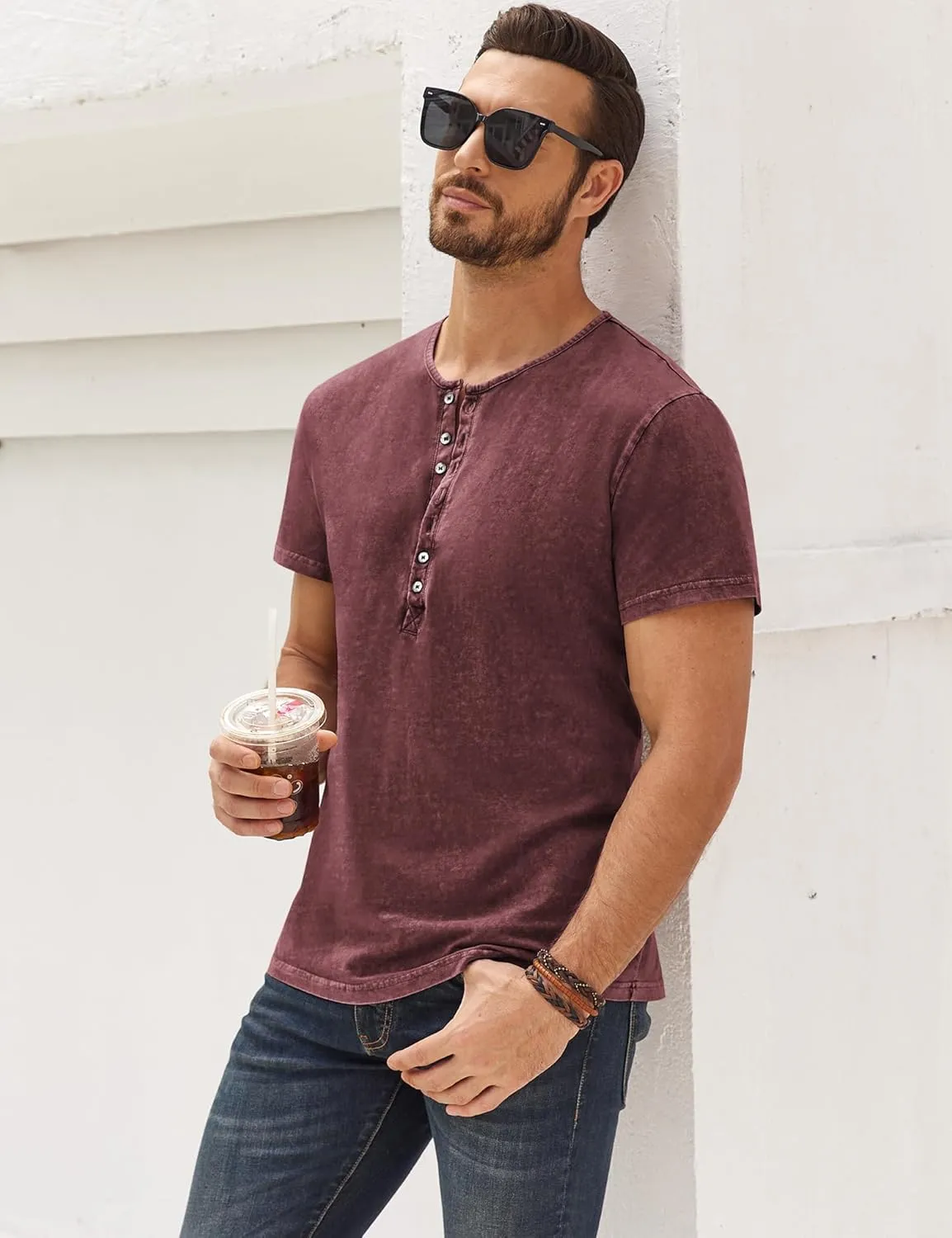 Mens Distressed Henley Shirts Retro Short Sleeve Tee Shirts Casual Button Down Washed T-Shirts for Men