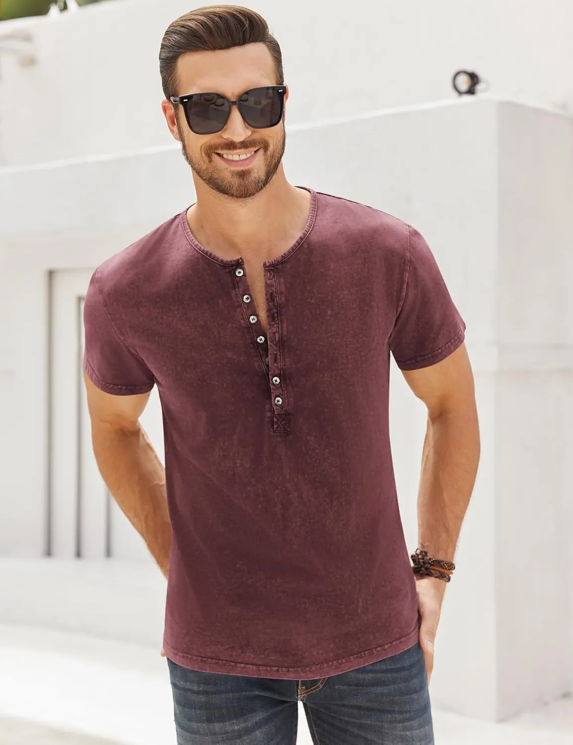 Mens Distressed Henley Shirts Retro Short Sleeve Tee Shirts Casual Button Down Washed T-Shirts for Men