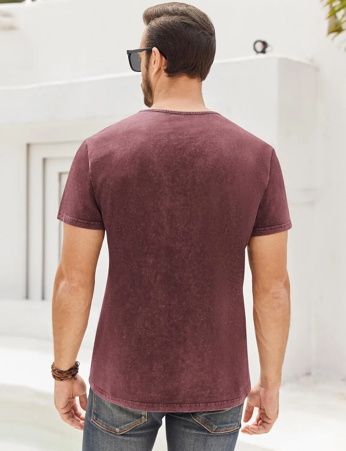 Mens Distressed Henley Shirts Retro Short Sleeve Tee Shirts Casual Button Down Washed T-Shirts for Men