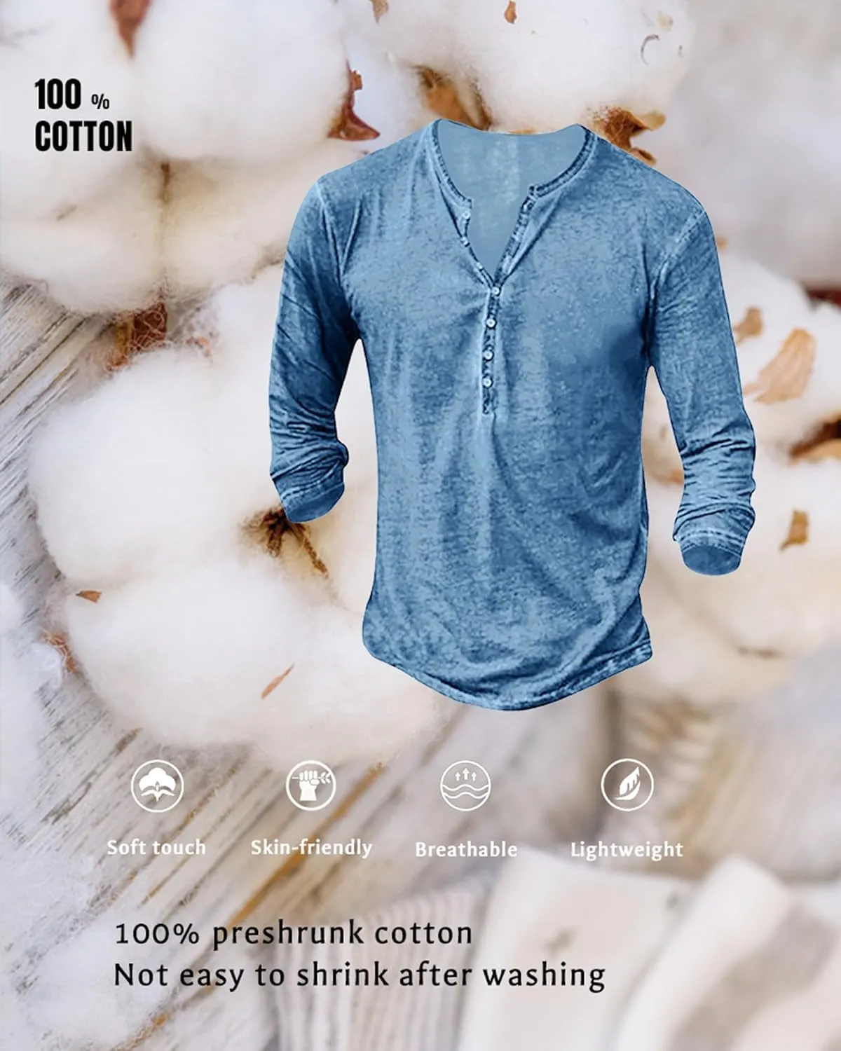 Mens Distressed Henley Shirts Vintage Long Sleeve Shirts Casual Button Down V Neck T Shirts for Men