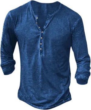 Mens Distressed Henley Shirts Vintage Long Sleeve Shirts Casual Button Down V Neck T Shirts for Men