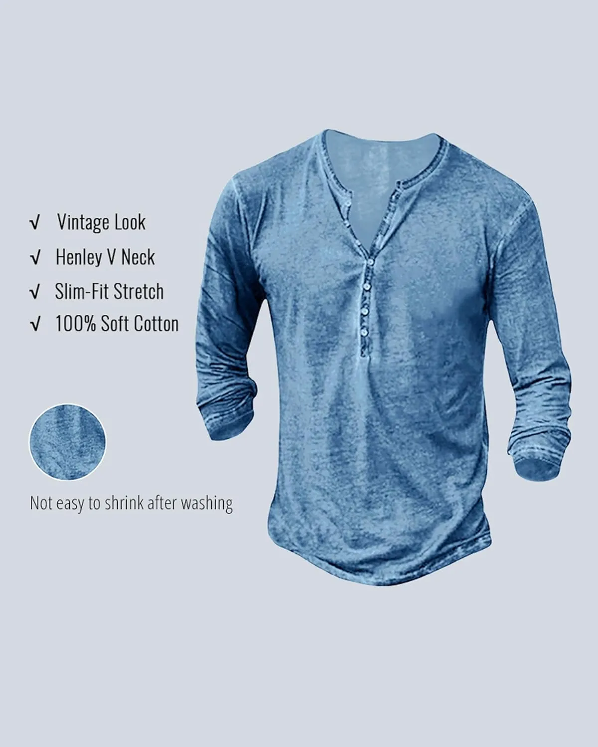 Mens Distressed Henley Shirts Vintage Long Sleeve Shirts Casual Button Down V Neck T Shirts for Men